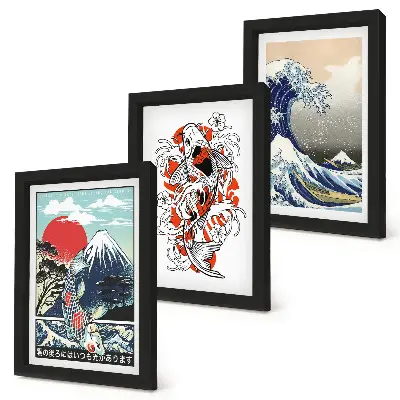 Set 3 slike u okviru ilustracije planina, ribe i Velikog vala kod Kanagawe u japanskom stilu