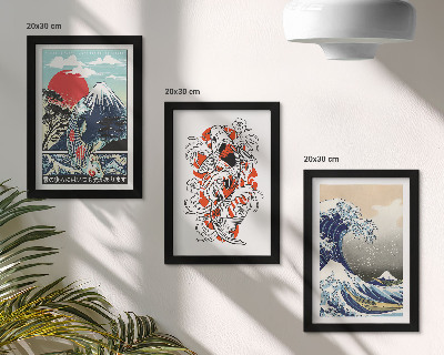 Set 3 slike u okviru Ilustracije planina riba i Velikog vala kod Kanagawe, japanski stil