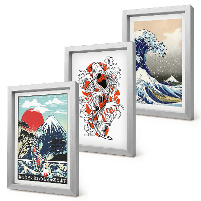 Set 3 slike u okviru Ilustracije planina riba i Velikog vala kod Kanagawe, japanski stil