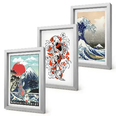 Set 3 slike u okviru ilustracije planina, ribe i Velikog vala kod Kanagawe u japanskom stilu