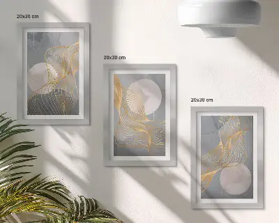 Zidna galerija slika s apstraktnim uzorcima valova i krugova na sivoj pozadini