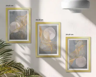 Zidna galerija slika s apstraktnim uzorcima valova i krugova na sivoj pozadini