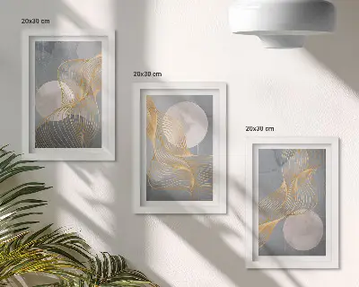 Zidna galerija slika s apstraktnim uzorcima valova i krugova na sivoj pozadini