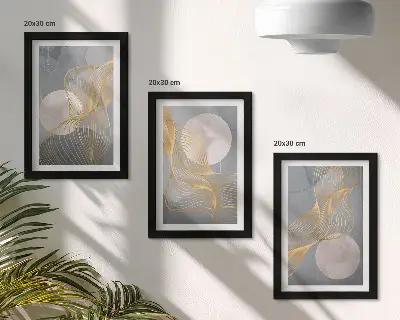 Zidna galerija slika s apstraktnim uzorcima valova i krugova na sivoj pozadini