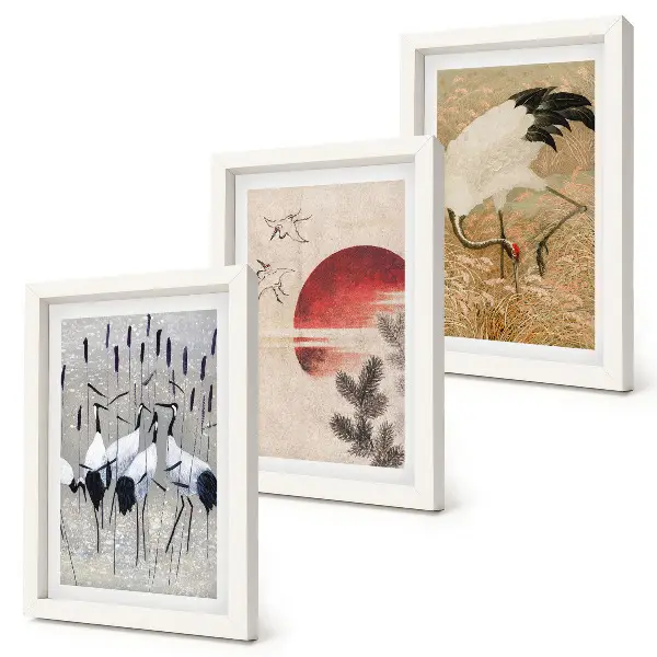 Komplet slika u okviru ilustracije japanskog ždrala s motivima japandi krajolika