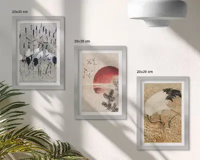 Komplet slika u okviru ilustracije japanskog ždrala s motivima japandi krajolika