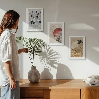 Komplet slika u okviru ilustracije japanskog ždrala s motivima japandi krajolika
