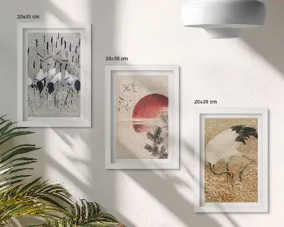 Komplet slika u okviru ilustracije japanskog ždrala s motivima japandi krajolika