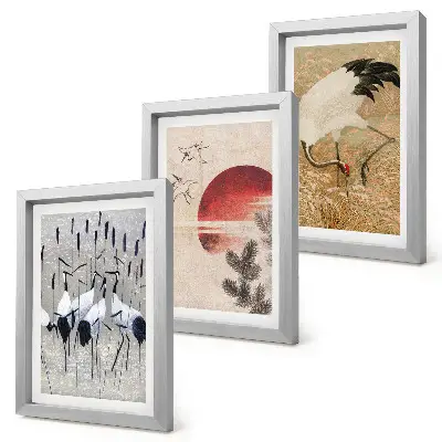 Komplet slika u okviru ilustracije japanskog ždrala s motivima japandi krajolika