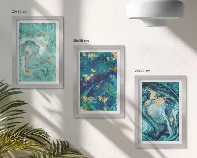 Tirkizna apstrakcija prolivene boje set od 3 slike u okviru