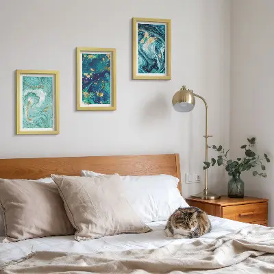 Tirkizna apstrakcija prolivene boje set od 3 slike u okviru