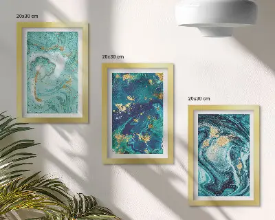 Tirkizna apstrakcija prolivene boje set od 3 slike u okviru