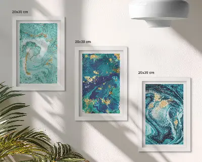Tirkizna apstrakcija prolivene boje set od 3 slike u okviru
