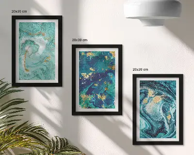 Tirkizna apstrakcija prolivene boje set od 3 slike u okviru