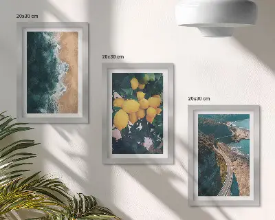 Set od 3 slike u okviru morska plaža, limuni i planinski krajolik s obalnom cestom