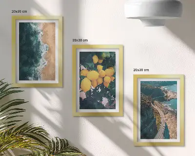 Set od 3 slike u okviru morska plaža, limuni i planinski krajolik s obalnom cestom