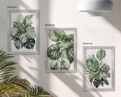 Zeleno lišće tropskih biljaka u akvarelu set od 3 slike u okviru