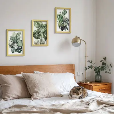 Zeleno lišće tropskih biljaka u akvarelu set od 3 slike u okviru