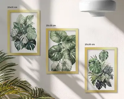 Zeleno lišće tropskih biljaka u akvarelu set od 3 slike u okviru