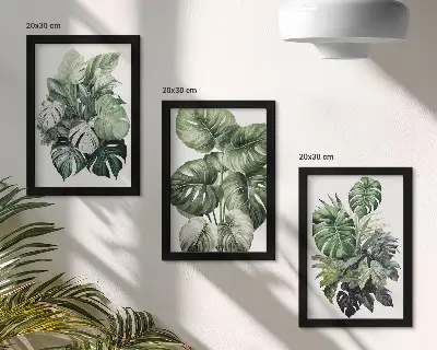 Zeleno lišće tropskih biljaka u akvarelu set od 3 slike u okviru