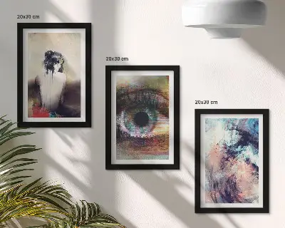 Set od 3 slike u okviru portret žene s prikazom oka i apstraktnih boja koje izražavaju emocije