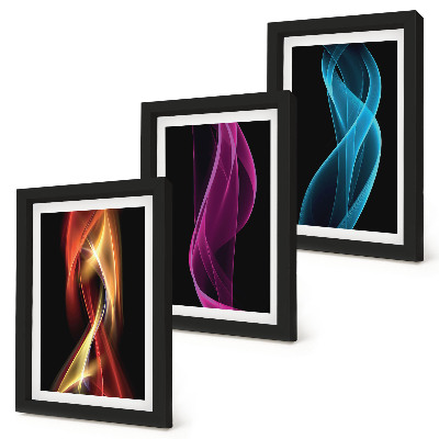 Set 3 slike u okviru Valovi šarenih neonskih linija na tamnoj pozadini