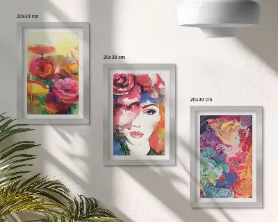 Set od 3 slike u okviru cvijeće u intenzivnim bojama i portret žene apstraktnog stila
