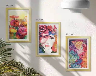 Set od 3 slike u okviru cvijeće u intenzivnim bojama i portret žene apstraktnog stila