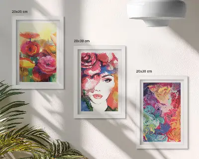 Set od 3 slike u okviru cvijeće u intenzivnim bojama i portret žene apstraktnog stila
