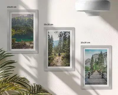 Zidna galerija slika s motivom planina, jezera, šuma i staza u prirodi