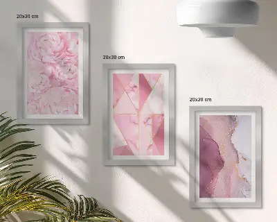 Set 3 slike u okviru ružičasti cvjetovi s božurima i geometrijskim uzorcima