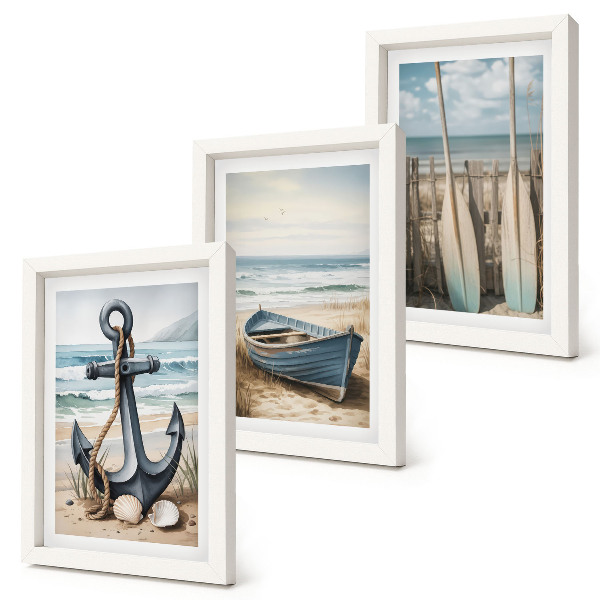 Set 3 slike u okviru Sidro i vesla za brod na plaži s pogledom na more