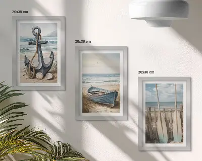 Set od 3 slike u okviru sidro i vesla na plaži s pogledom na more