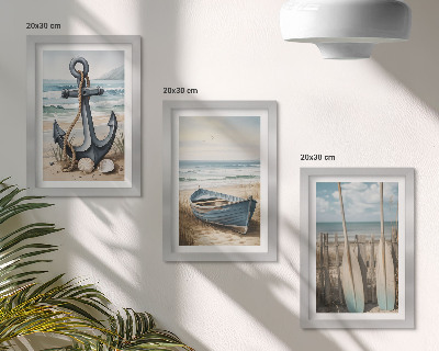 Set 3 slike u okviru Sidro i vesla za brod na plaži s pogledom na more
