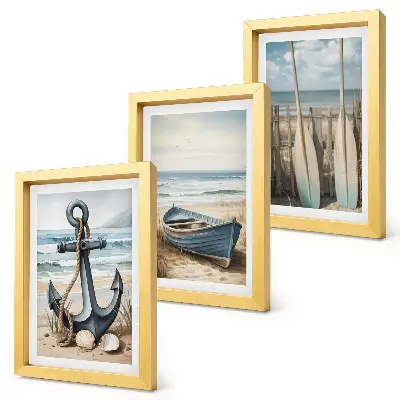 Set od 3 slike u okviru sidro i vesla na plaži s pogledom na more