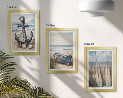 Set od 3 slike u okviru sidro i vesla na plaži s pogledom na more