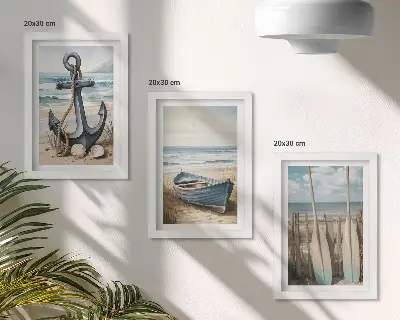 Set od 3 slike u okviru sidro i vesla na plaži s pogledom na more