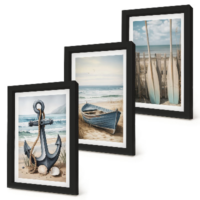 Set 3 slike u okviru Sidro i vesla za brod na plaži s pogledom na more