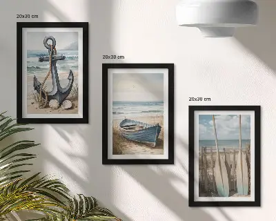 Set od 3 slike u okviru sidro i vesla na plaži s pogledom na more