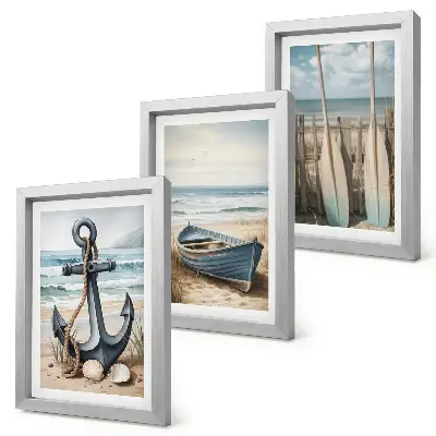 Set od 3 slike u okviru sidro i vesla na plaži s pogledom na more