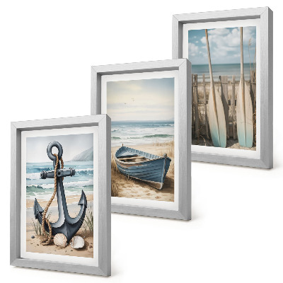 Set 3 slike u okviru Sidro i vesla za brod na plaži s pogledom na more