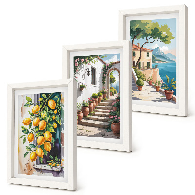 Set 3 slike u okviru Limuni na pozadini cvijeća i pogleda na more