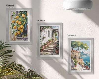 Set 3 slike u okviru Limuni na pozadini cvijeća i pogleda na more