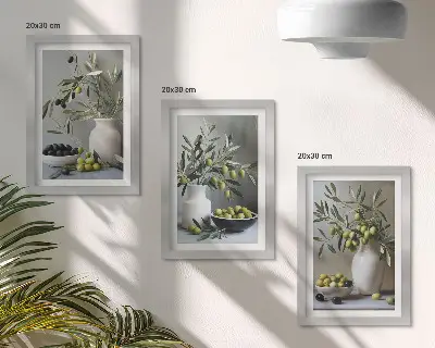 Zidna galerija slika masline u vazama s granama na sivoj pozadini