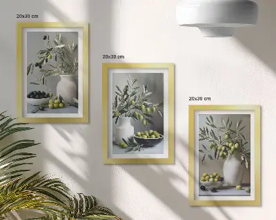 Zidna galerija slika masline u vazama s granama na sivoj pozadini