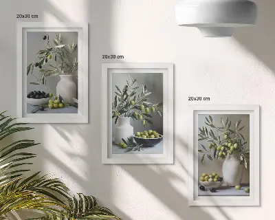 Zidna galerija slika masline u vazama s granama na sivoj pozadini