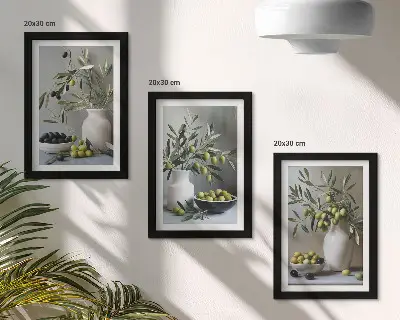 Zidna galerija slika masline u vazama s granama na sivoj pozadini