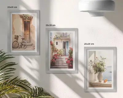 Šarmantne primorske ulice s cvijećem i biciklima set 3 slike u okviru