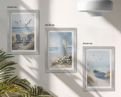 Zidna galerija slika prikaz plaže s daskama za surfanje, brodovima i pticama