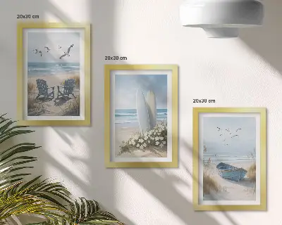 Zidna galerija slika prikaz plaže s daskama za surfanje, brodovima i pticama